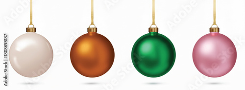 A set of four colorful Christmas ornaments hanging by golden strings. They are isolated on a white background and are perfect for holiday decorations. 