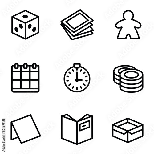Game Pieces Icons Including Dice Calendar Stopwatch and Player Token board game symbol