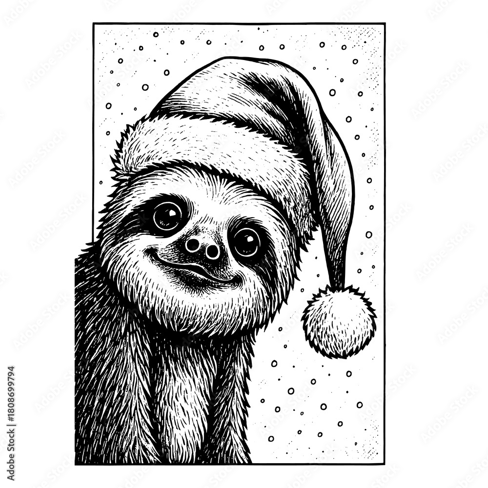 Fototapeta premiumCute sloth Christmas ink illustration 