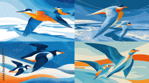Stylized flying bird illustrations in smooth blue and orange tones. Elegant shapes, flowing movement, and modern nature art inspired by migratory birds and coastal landscapes.