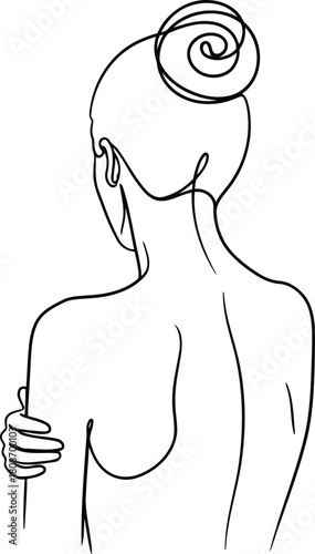 Elegant continuous line art drawing of a woman's back with bun