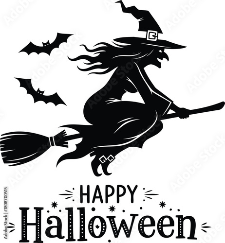 Witch flying on broom, bats, and 'happy halloween' festive text