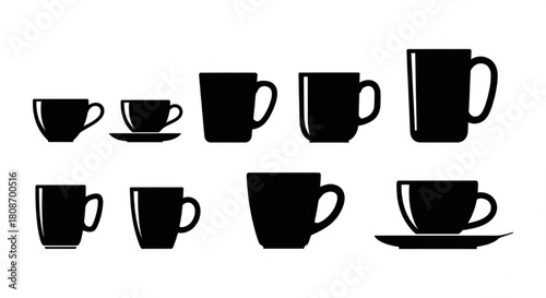 Cup and Mug Silhouette Vector Illustration Showing Size and Handle Variations in Minimal Kitchen Style

