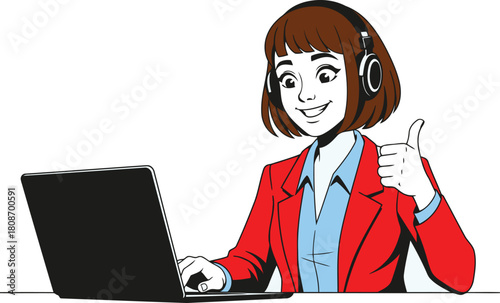 Friendly customer support agent with headphones gives thumbs-up