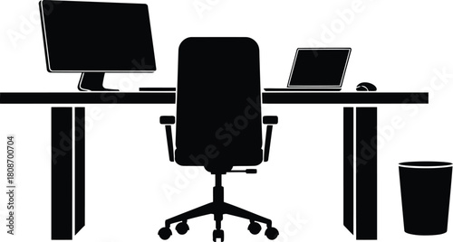 Office workspace silhouette with desk, computer, laptop and chair