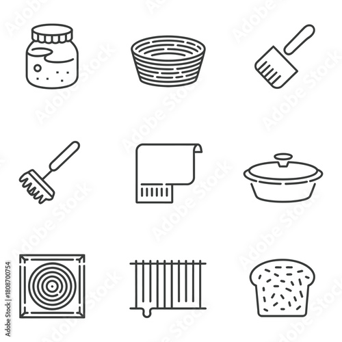 Nine line art icons of kitchenware, cleaning tools, and food items glass jar basket