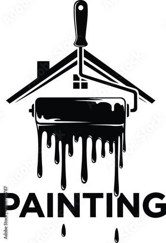Residential house painting logo with roller and dripping paint