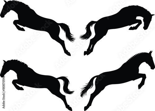 Set of four black horse silhouettes jumping over obstacles vector illustration isolated on white background for equestrian sports logo design