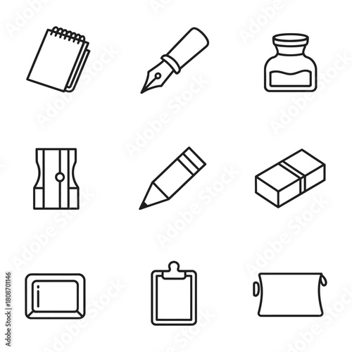 Nine outline icons for writing, drawing, and office supplies on a white background Keywords