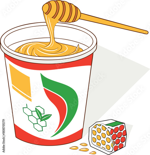 Illustration of honey in a jar with honey dipper isolated on