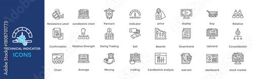 Technical indicator icon set. Containing Pennant, indicator, price, display, buy, Relative, Confirmation