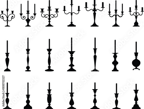 Collection of antique candelabra and candlestick silhouettes vector illustration set isolated on white background for elegant interior decoration design