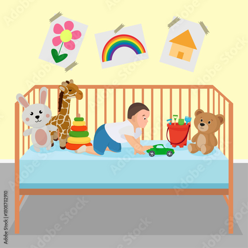 Kid is playing with toys on new born bassinet rabbit bear giraffe plush sand toys card pyramid