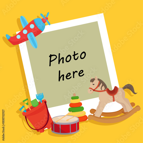Kid photo frame template with colorful vibrant toys rocking horse pyramid plane flat illustration