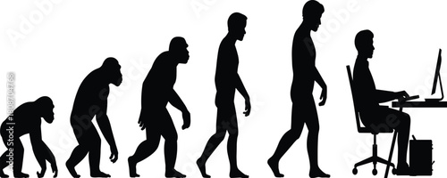 Human evolution silhouette vector illustration showing progress from primitive ape to upright man and modern businessman working at computer desk