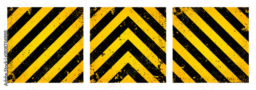 Warning sign with yellow and black diagonal lines. Attention, danger or caution symbol. Construction site signage, road safety notice, hazard banner, security alert shield. Vector illustration