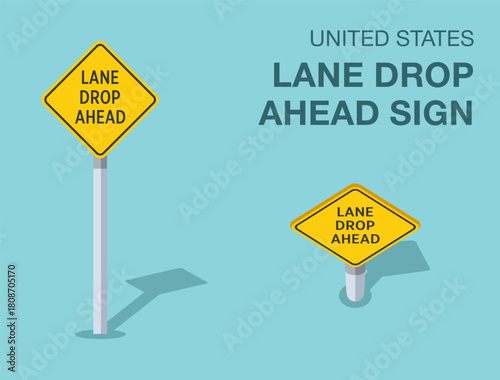 Traffic regulation rules. Isolated United States "lane drop ahead" road sign. Front and top view. Flat vector illustration template.