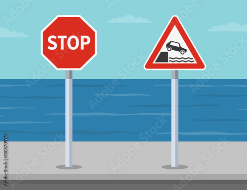 Traffic regulation rules and driving tips. European "stop and unprotected quayside or riverbank ahead" signs at sea or lake background. Flat vector illustration template.