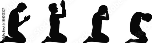 Vector set of four man silhouettes kneeling and praying in different poses isolated on white background for religious design concepts
