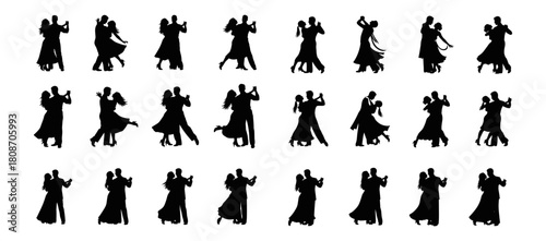 Collection of Silhouettes of Couples Dancing Ballroom Dances.