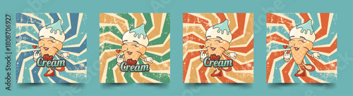Cute ice cream in a clockwork style on a blue vintage background. Retro 70s-80s