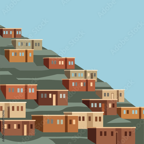 Flat Illustration of Settlement Houses Built on a Hillside Against Sky