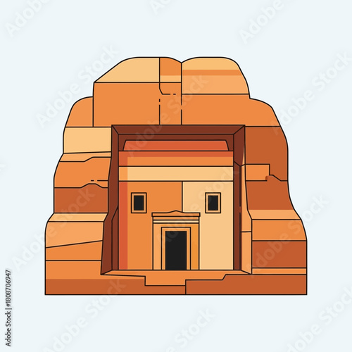 Ethereal depiction of ancient rock-cut tomb monument in simple style
