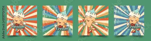 Cute ice cream in a clockwork style on a blue vintage background. Retro 70s-80s. A set of logos and posters