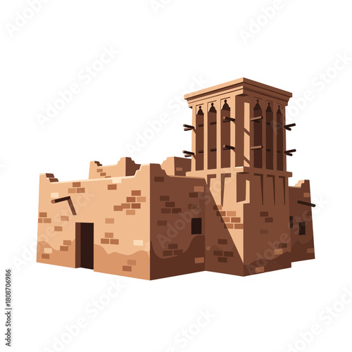 Historical Middle Eastern Mud Brick Architecture with Traditional Windtower