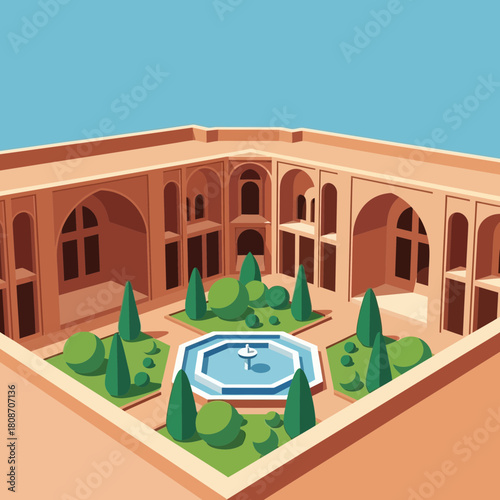 Minimalist illustration of courtyard with fountain and arched buildings