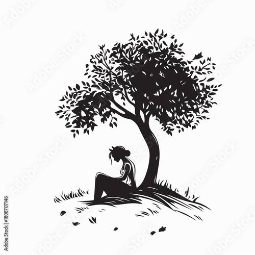 Sad Woman Sitting Alone Under Tree Silhouette Vector on white background