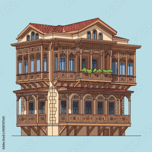 Stylized illustration showcasing traditional architecture with ornate woodwork