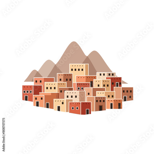 Traditional Adobe Village Illustration Nestled Among Rolling Hills