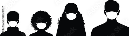 Set of diverse human silhouettes wearing white medical face masks for virus protection and healthcare safety concepts isolated on white