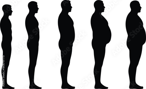 Vector silhouette of male body stages showing weight gain progress from thin to fat and obese for health diet concept.