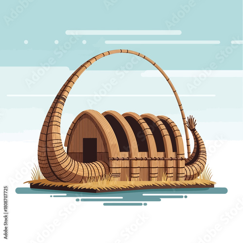 Unique reed boat illustration on floating island in minimalist design style
