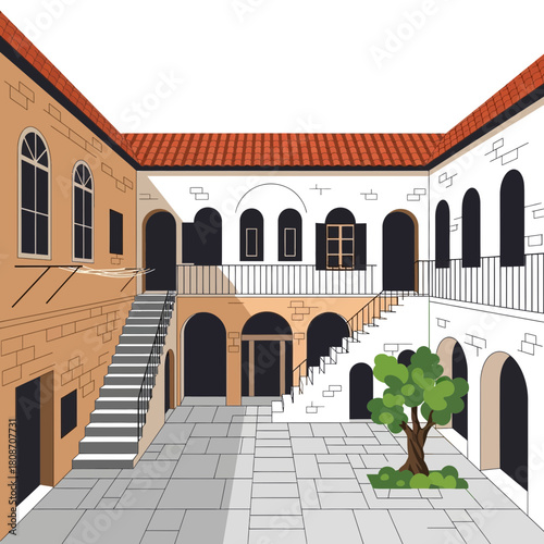 Vintage Mediterranean Courtyard Illustration with Architectural Details