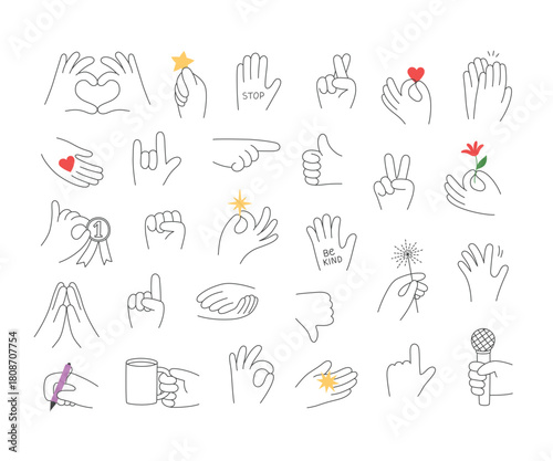 Outline hands with different gestures collection. Hand holding cup. microphone, flower, star, pen. Doodle style. Editable stroke. Isolated vector illustration