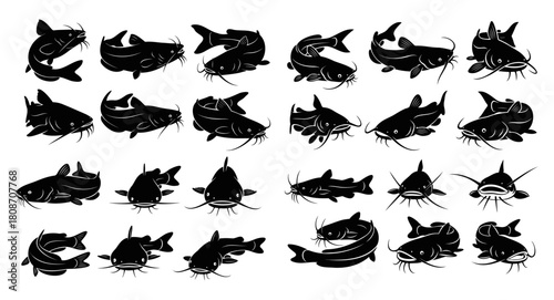 Collection of Silhouetted Catfish in Various Poses and Angles.