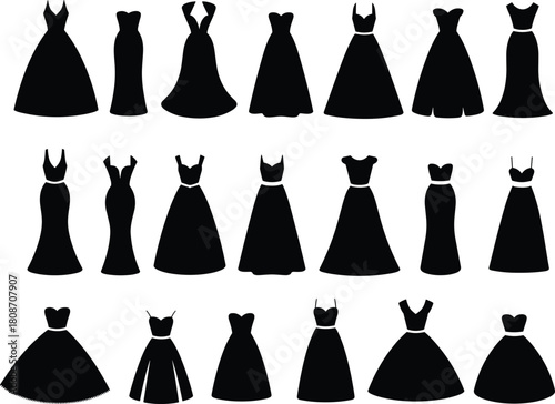 Collection of black wedding dress silhouettes vector illustration set displaying various elegant female evening gown styles isolated on white background