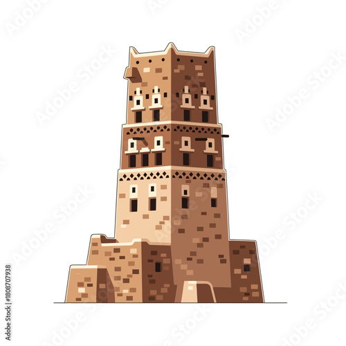 Ancient mud brick tower standing tall against a bright background