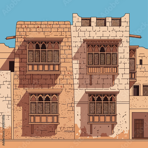 Authentic old brick buildings showcasing architectural features and intricate windows