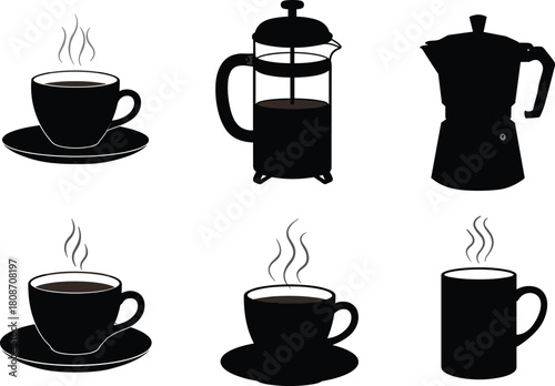 Vector set of black coffee silhouettes featuring cups mugs moka pot and french press for cafe menu design.