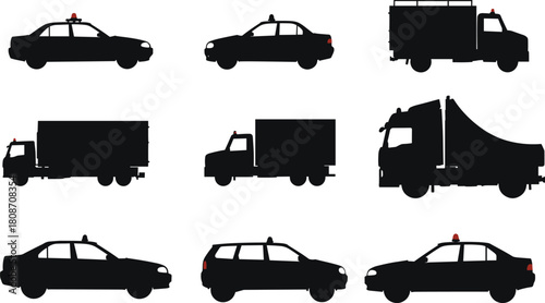 Vector set of black vehicle silhouettes featuring police cars, delivery trucks, and vans for transportation and emergency services.