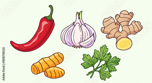 Set of fresh organic vegetables including pepper, tomato, onion, and carrot isolated on white background, perfect for a healthy vegetarian diet ingredient