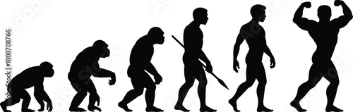 Black silhouette graphic showing evolution from ape to hunter and ending with a strong bodybuilder posing for gym fitness