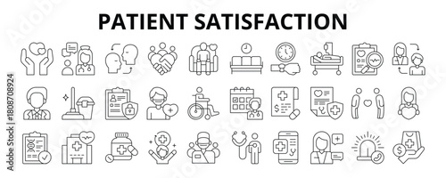 30 Patient Satisfaction Line Icons Vector - Care, Communication, Empathy, Trust, Treatment, Diagnosis, Follow Up, Professionalism, Health Service