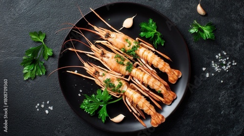 Grilled Langoustines with Garlic and Herbs on Dark Plate. Generative AI