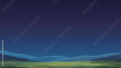 Night Sky Vector Landscape Deep Blue Over Meadow and Mountains