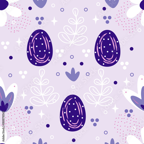 Spring seamless pattern with easter eggs, plants and flowers. Flat vector pattern